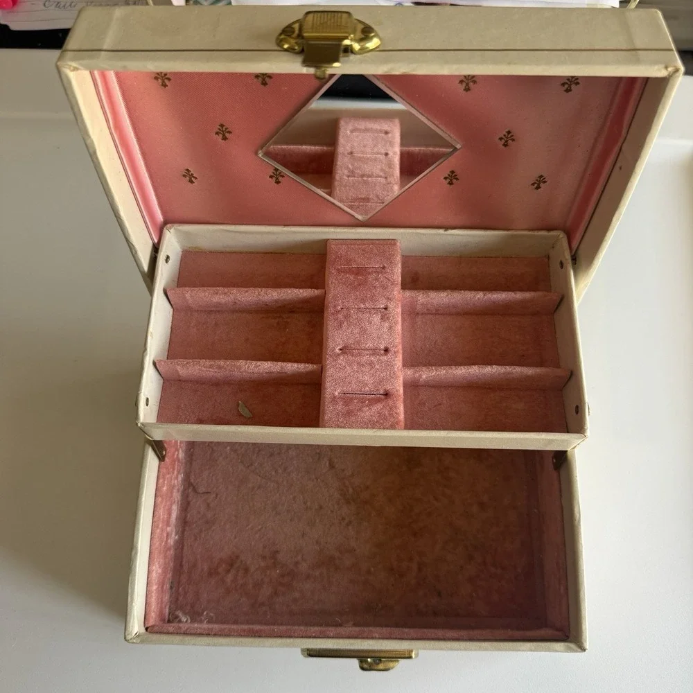 Vintage White Pink Velvet Lined Jewelry Box with Mirror